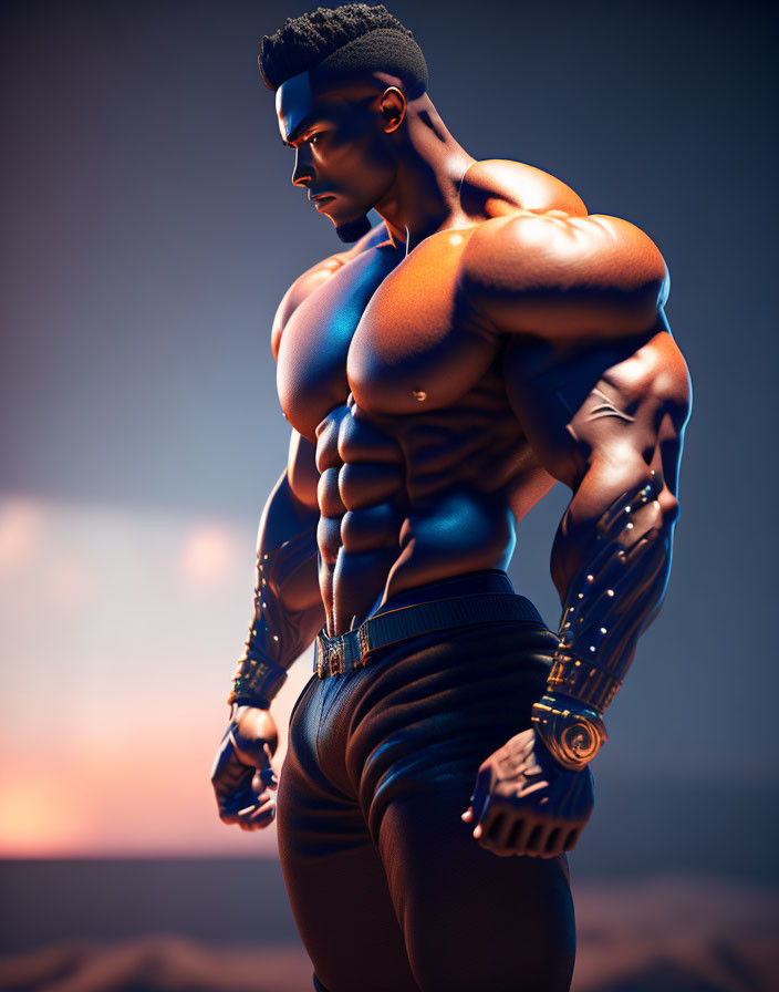 Muscular male superhero with high-tech arm brace in 3D illustration