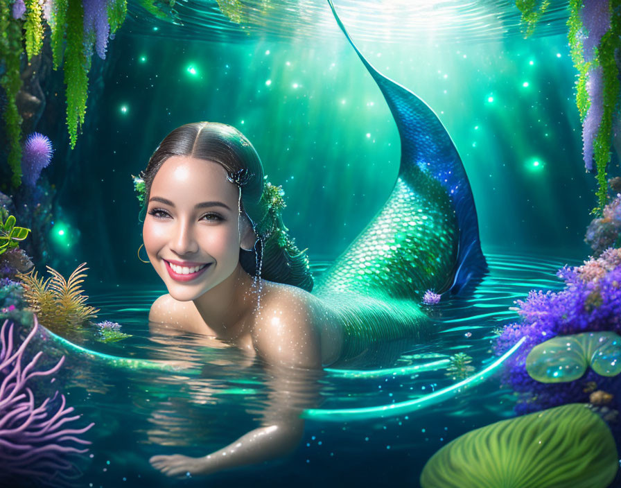 Smiling mermaid with teal tail in mystical underwater scene