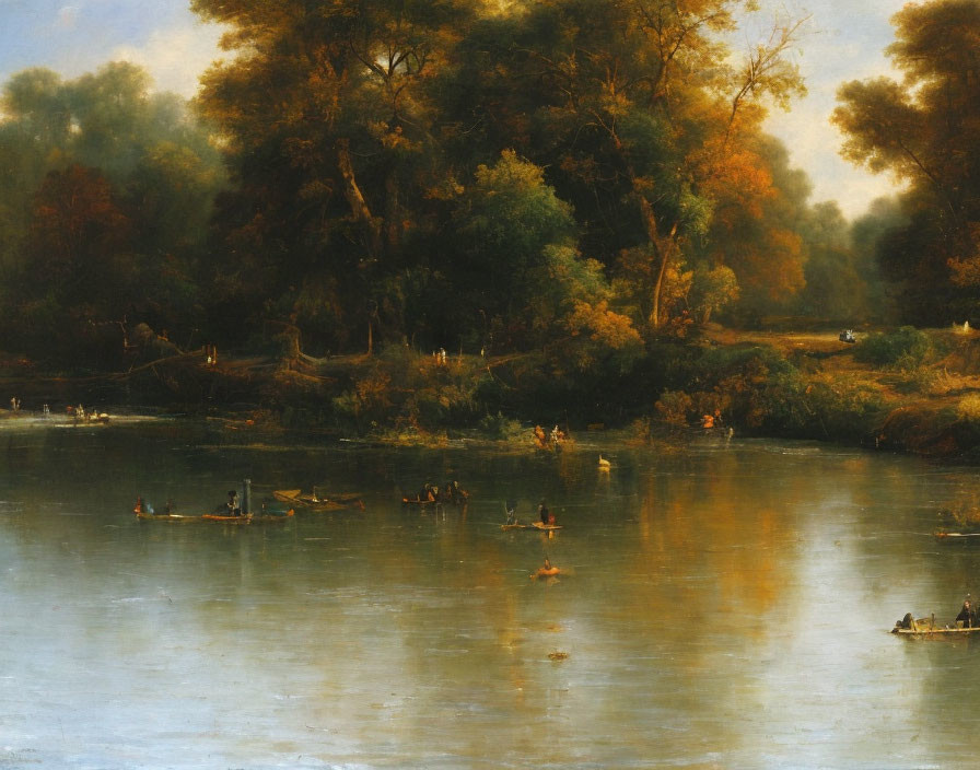 Tranquil landscape painting: calm river, small boats, autumn trees, warm light