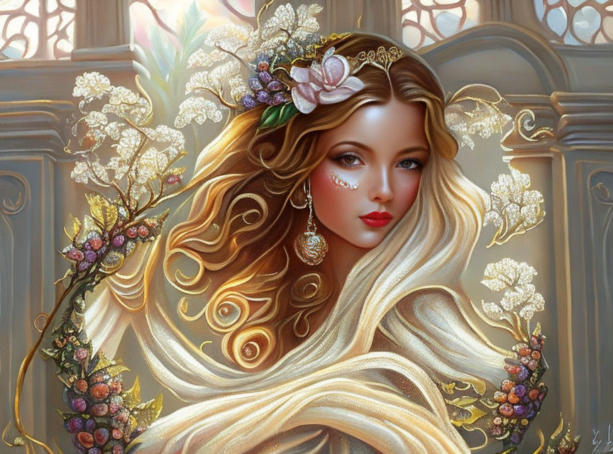 Digital artwork: Woman with golden hair and flower crown, intricate floral patterns, warm lighting