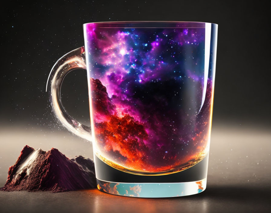 Colorful Cosmic Nebula Design Coffee Mug with Transparent Handle on Dark Background