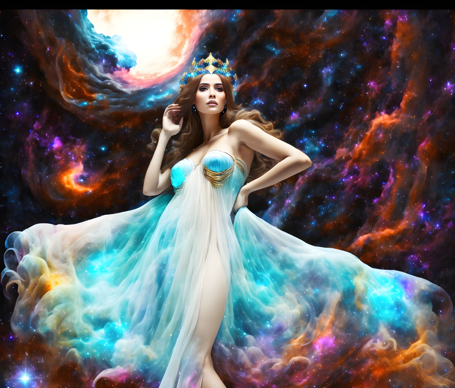 Majestic woman in white gown with crown against cosmic nebula