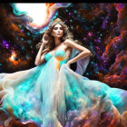 Majestic woman in white gown with crown against cosmic nebula