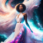 Cosmic digital artwork of woman with afro in white dress amid nebula forms