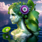 Surreal portrait of a woman with plant-like features and purple flower in tranquil water