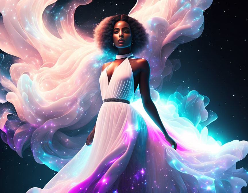 Cosmic digital artwork of woman with afro in white dress amid nebula forms