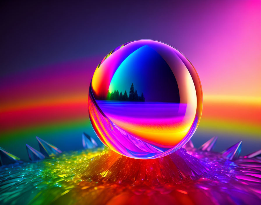 Colorful crystal ball on spiky reflective surface with neon rainbow backdrop