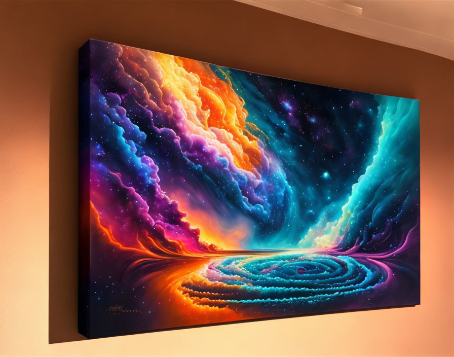 Vibrant cosmic painting on canvas with swirling galaxies and stars