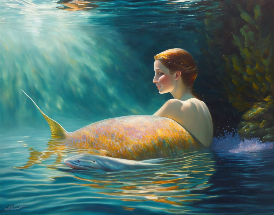 Golden-scaled mermaid basks in dappled sunlight underwater