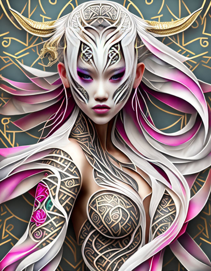 Elaborate White and Pink Hair Fantasy Figure on Patterned Backdrop