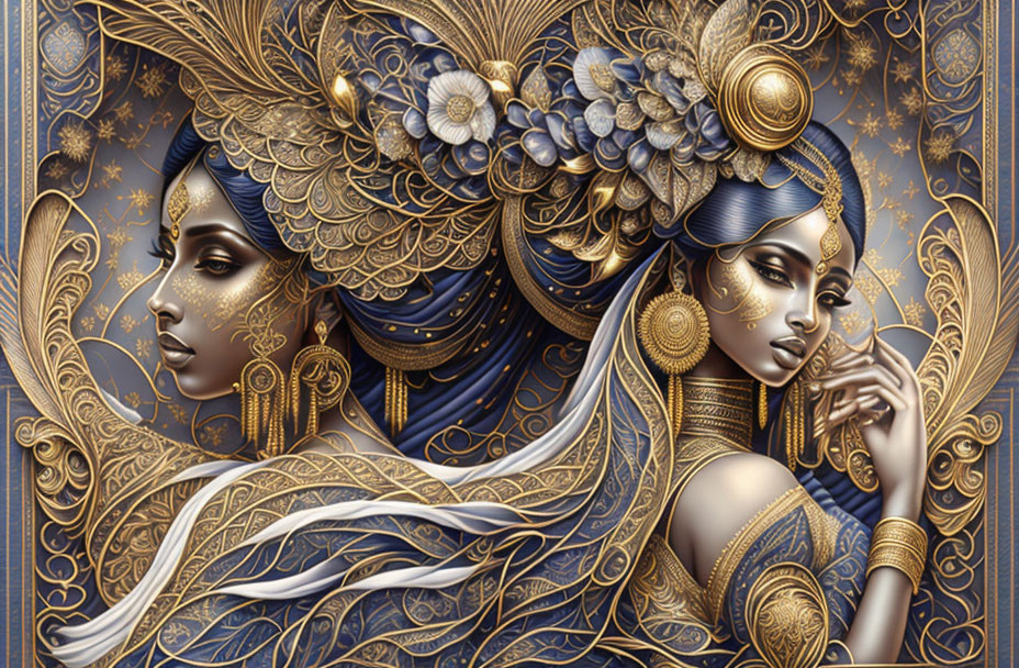 Detailed Illustration of Two Women in Ornate Headdresses & Jewelry