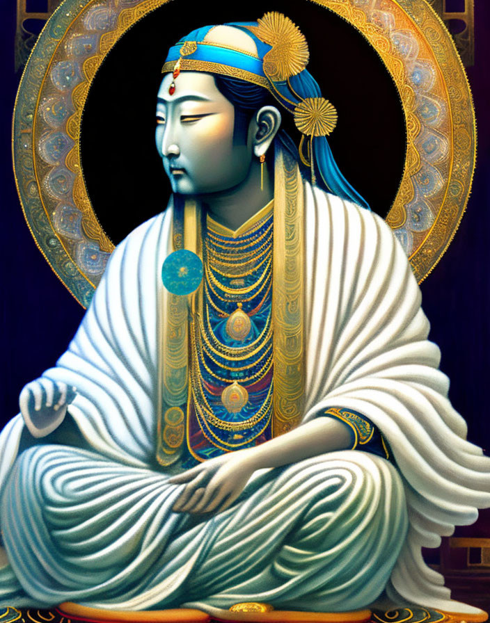 Serene meditative figure with halo in white, blue, and gold ornaments