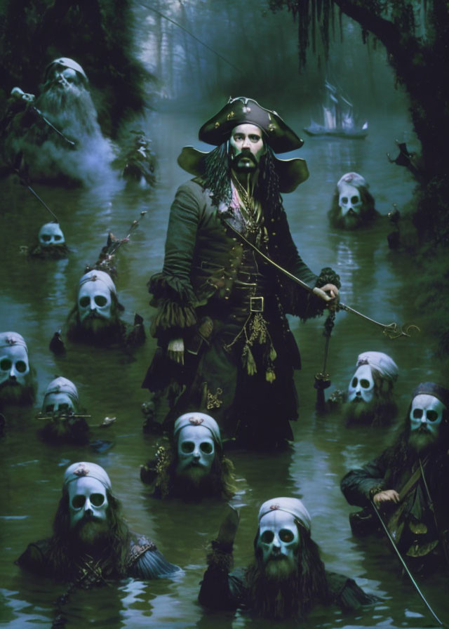 Pirate costume in misty swamp with skulls