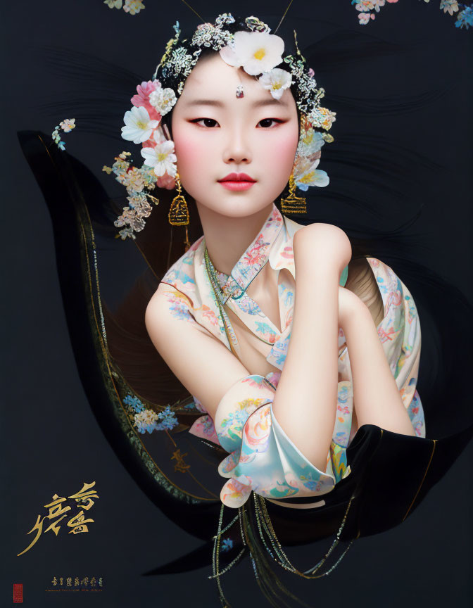 Detailed Female Figure Illustration with Floral Hair Accessories and Traditional Attire on Dark Background