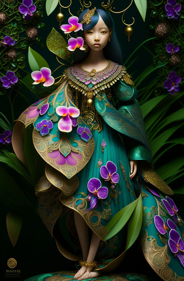 Digital artwork of woman in green and gold attire with orchids in regal fantasy setting.