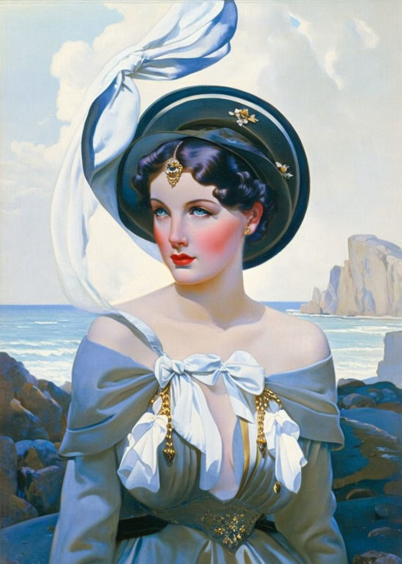 Vintage Portrait: Woman in White Hat & Blue Dress by the Sea