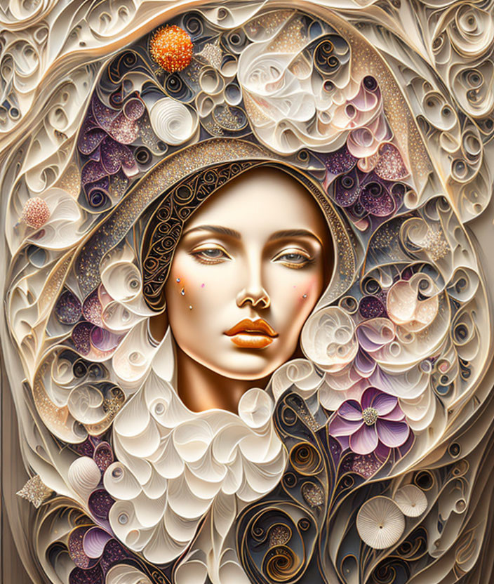 Intricate Stylized Portrait of Woman with Cosmic and Floral Motifs