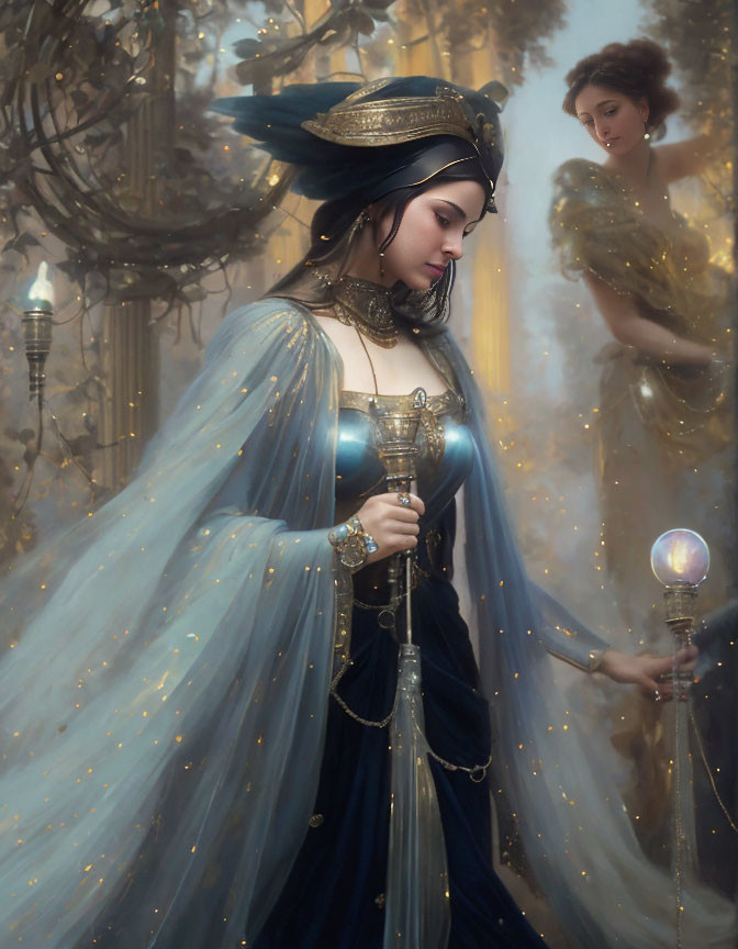 Mystical woman in blue gown with chalice in enchanted forest