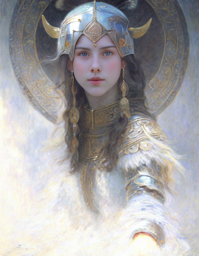 Blue-eyed woman in ornate helmet and armor against glowing backdrop