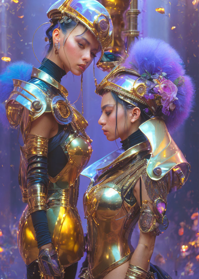 Futuristic gold-plated armor with purple feathers and flowers on golden confetti background