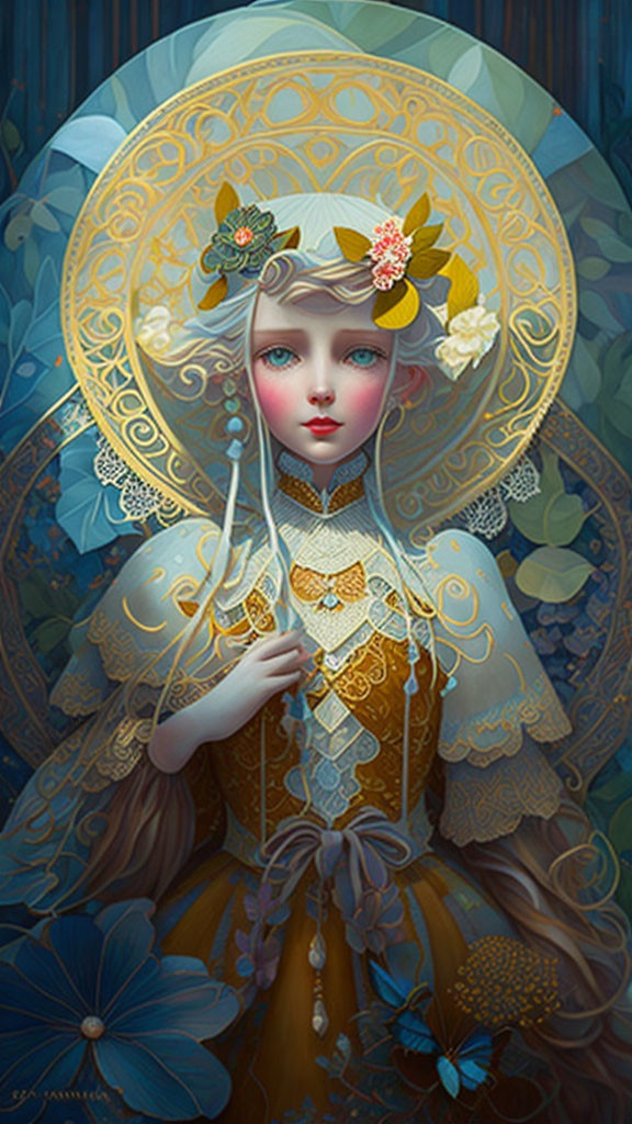 Illustrated female character with golden halo and ornate dress in lush floral fantasy setting