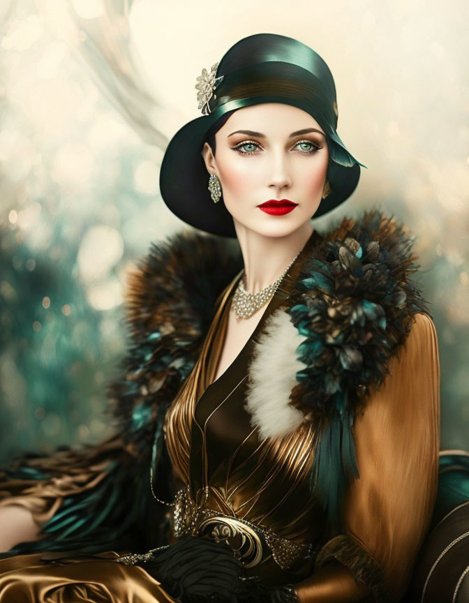 Vintage Style Portrait of Elegant Woman with Black Hat and Fur Stole