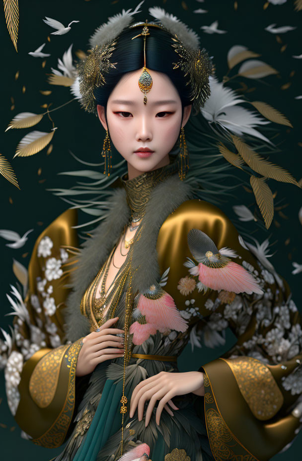 Digital Art: Woman in Traditional Asian Attire with Gold Details and Feather on Dark Green Background