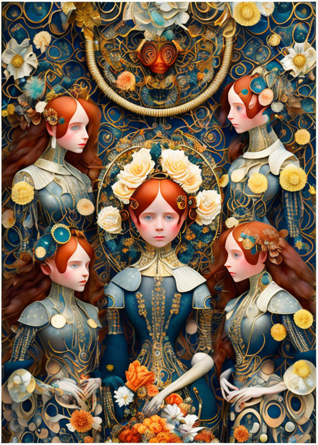 Detailed Illustration of Red-Haired Figures in Ornate Blue Armor