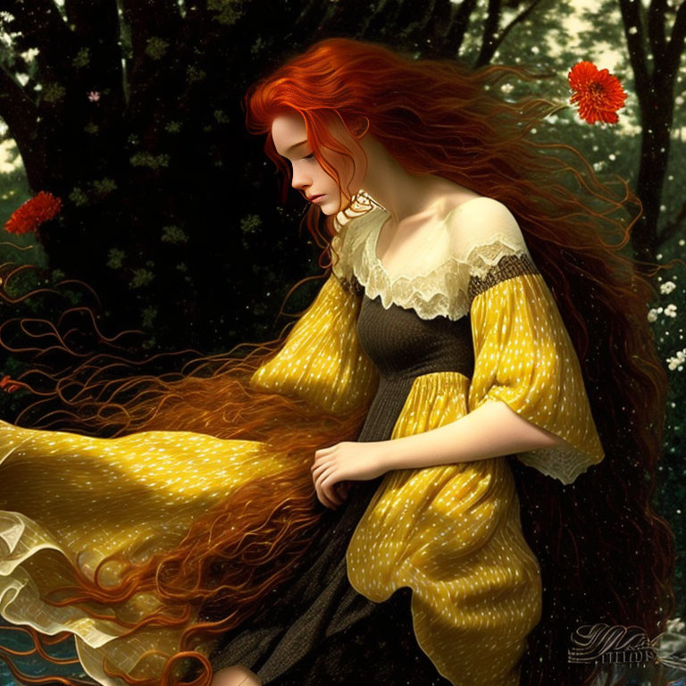 Woman with red hair in yellow dress in forest with dappled sunlight