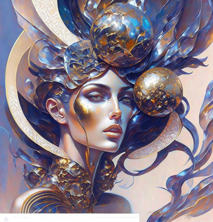 Surreal portrait of woman with flowing hair and celestial motifs in blue, gold, and white palette