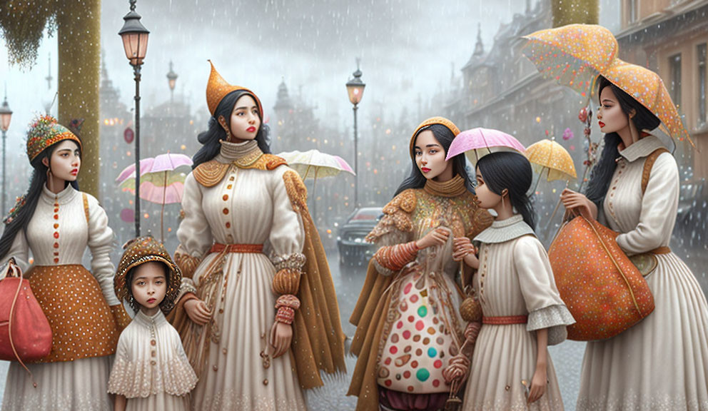 Vintage Attired Women and Girl with Umbrellas on Rainy Street