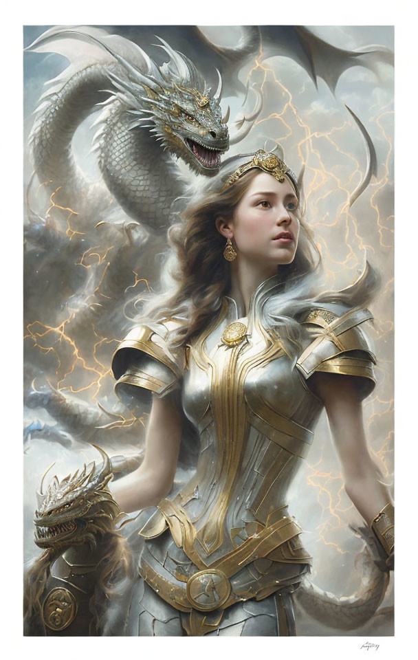 Regal woman in silver armor with majestic dragon in stormy sky