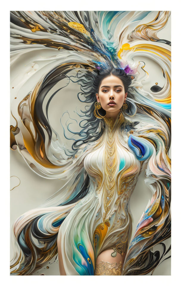 Surreal portrait of woman with flowing, stylized hair and attire in intricate swirls and colorful