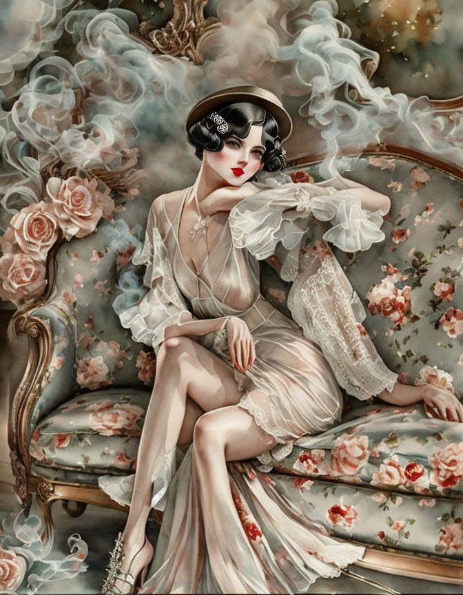 Vintage Woman Illustration on Floral Sofa with Ethereal Smoke and Rose Accents