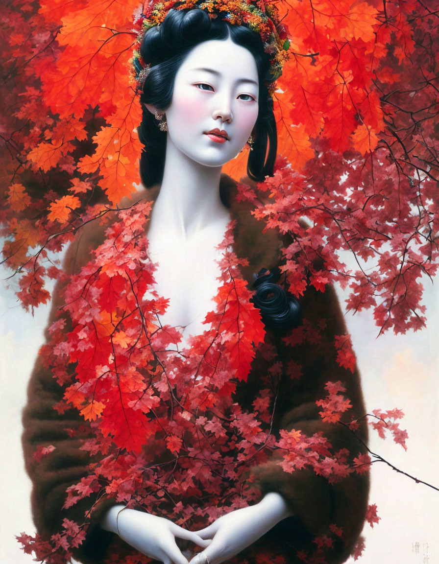 Traditional East Asian Woman in Red Maple Motif Against Autumn Foliage