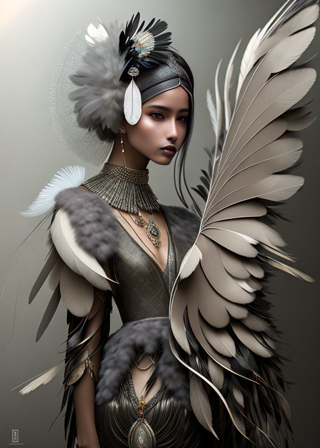 Digital artwork: Woman with feathered accessories and wing-like structure