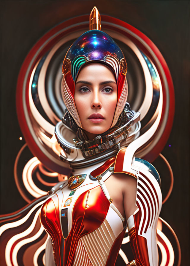 Futuristic female astronaut in ornate white and red suit with cosmic designs