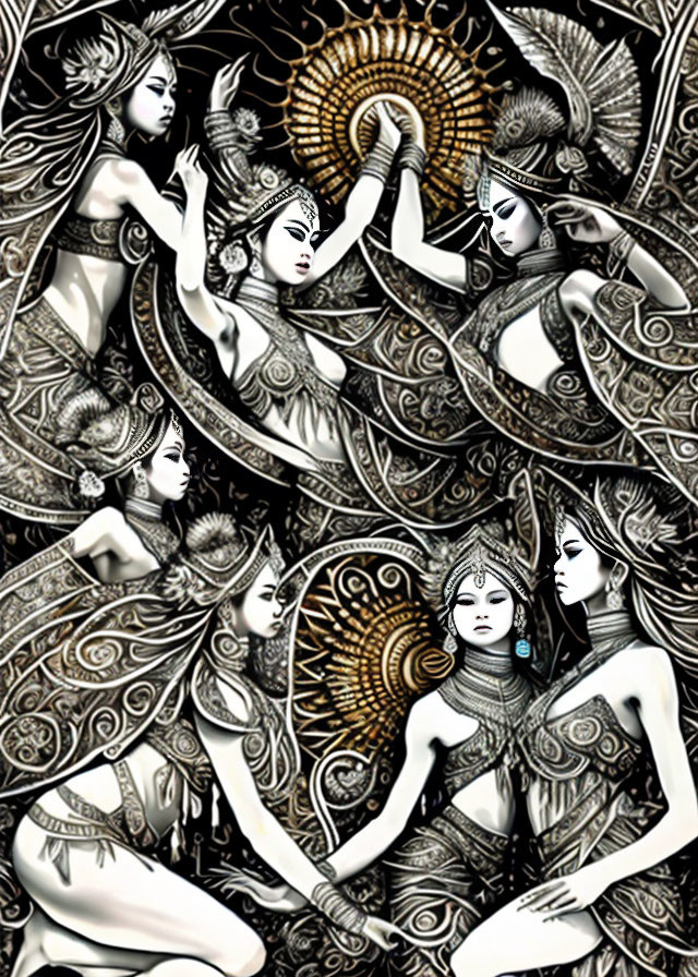 Detailed monochromatic artwork of stylized women with intricate patterns and sun motif.