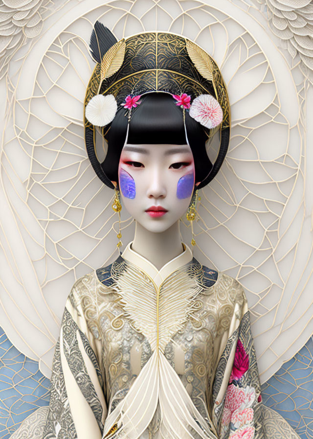 Detailed Traditional Asian Attire Illustration with Vibrant Makeup