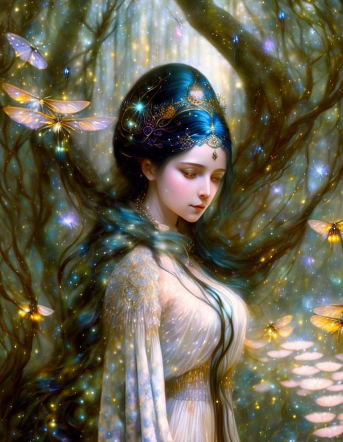 Blue-haired woman with starry accessories in mystical forest with glowing butterflies