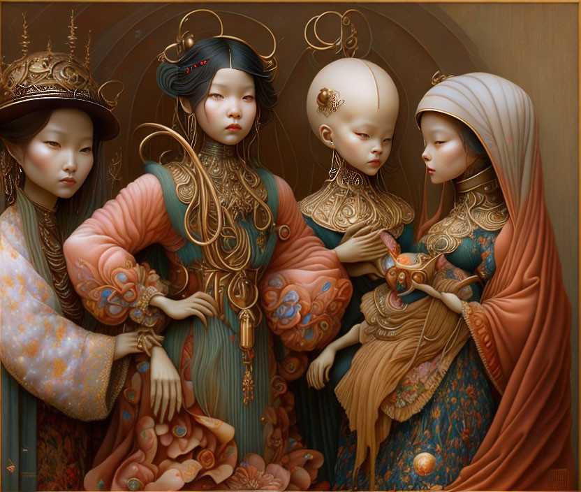 Ornately Dressed Figures Blending Fantasy and Asian Influences