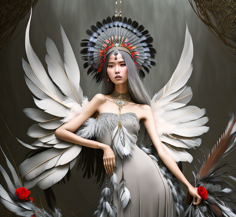 Fantasy-inspired portrait of a woman with feathered headdress and wings.