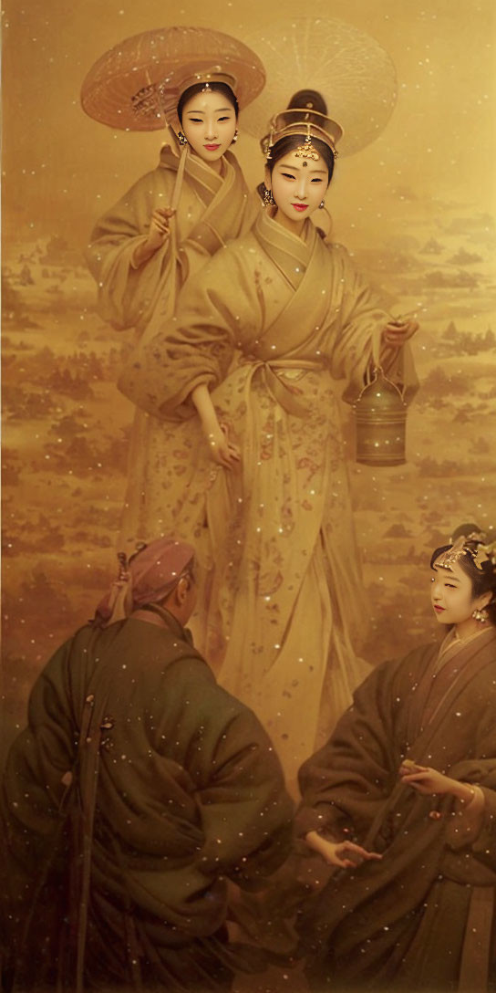 Traditional Asian Artwork: Elegant Women in Ornate Attire with Parasols and Teapot