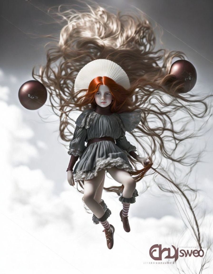 Floating red-haired girl in frilly dress with orbs under dramatic sky