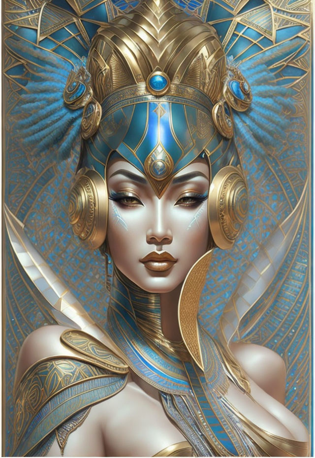 Regal figure with golden and blue Egyptian-style headdress and gemstone