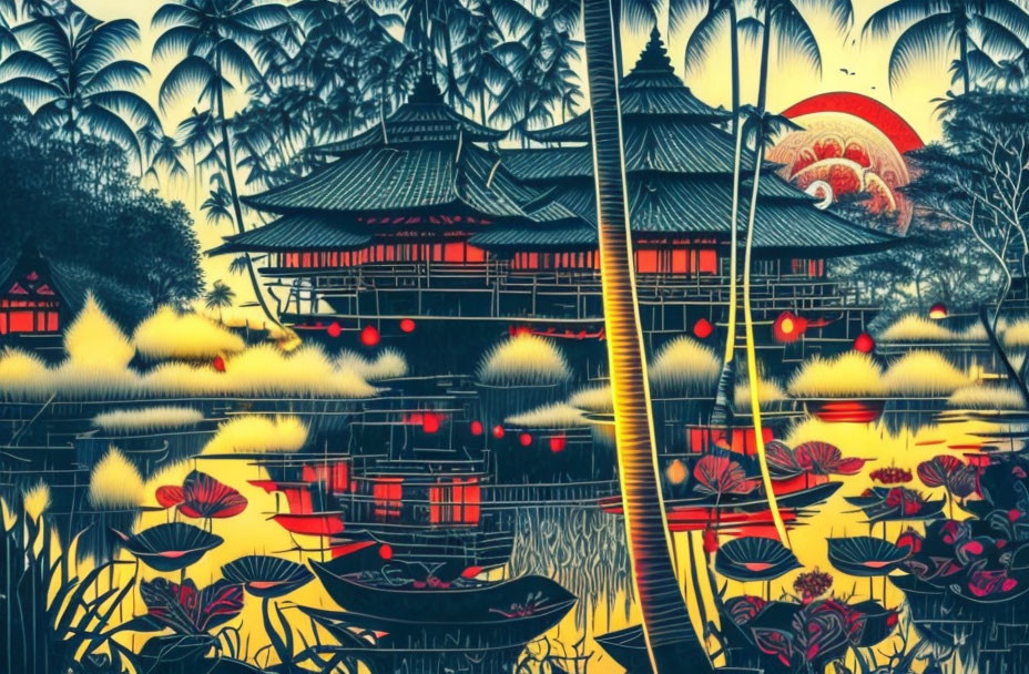 Japanese-style illustration: Pagodas, red sun, palm trees, bridge, boats, lotus