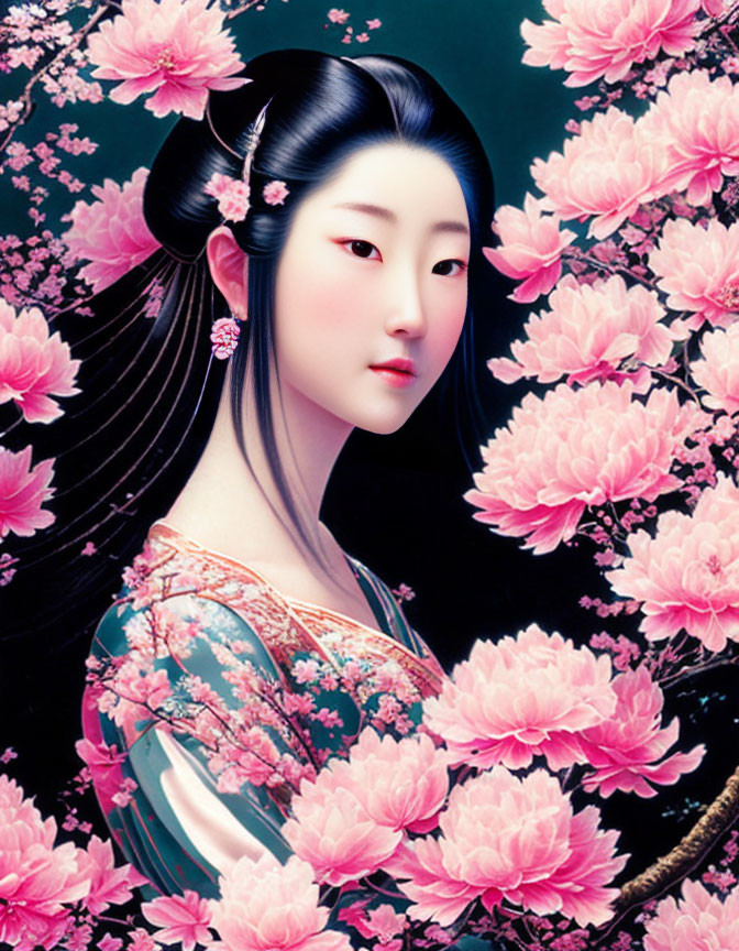 Woman with East Asian features in traditional attire amid pink blossoms