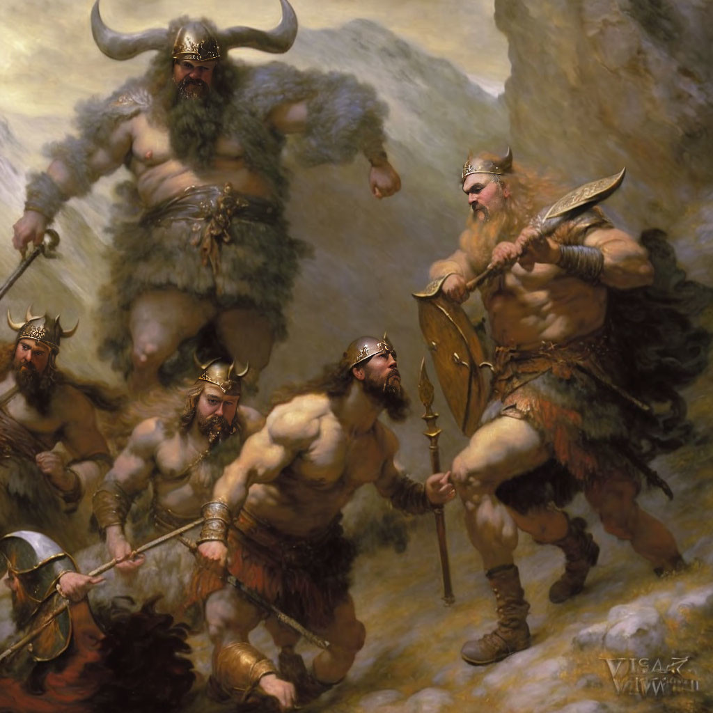 Four muscular Vikings in horned helmets with axes and shields in rugged, misty setting