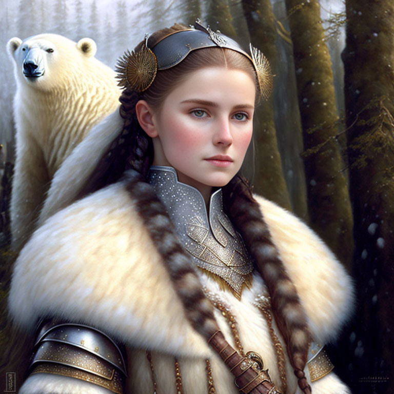 Digital artwork: Young woman in medieval winter attire with braided hair and polar bear in snowy forest