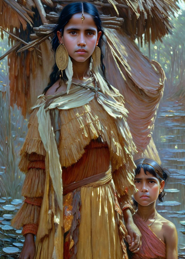 Tribal individuals in forest setting: adult and child in traditional attire